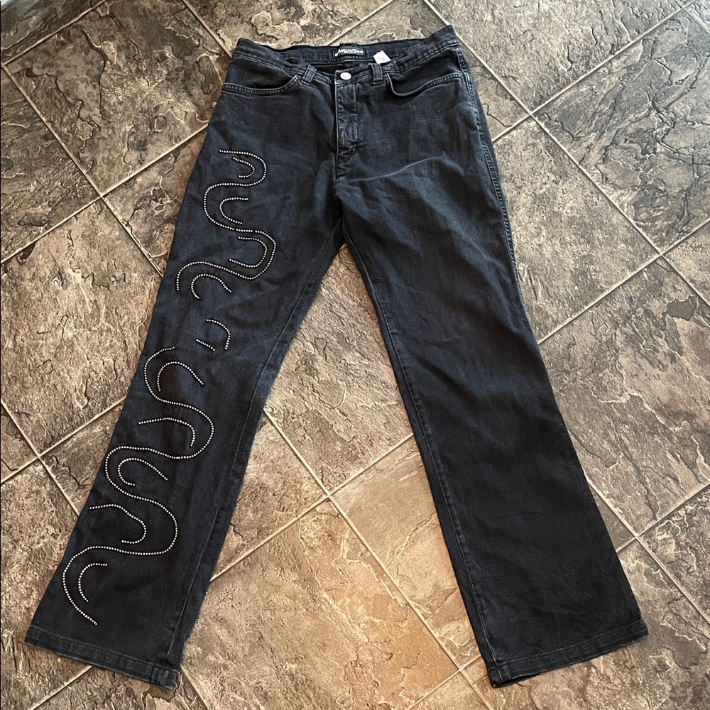 Vintage AAQUA JEANS Black with Crystal Design Streetwear Indie Goth Grunge